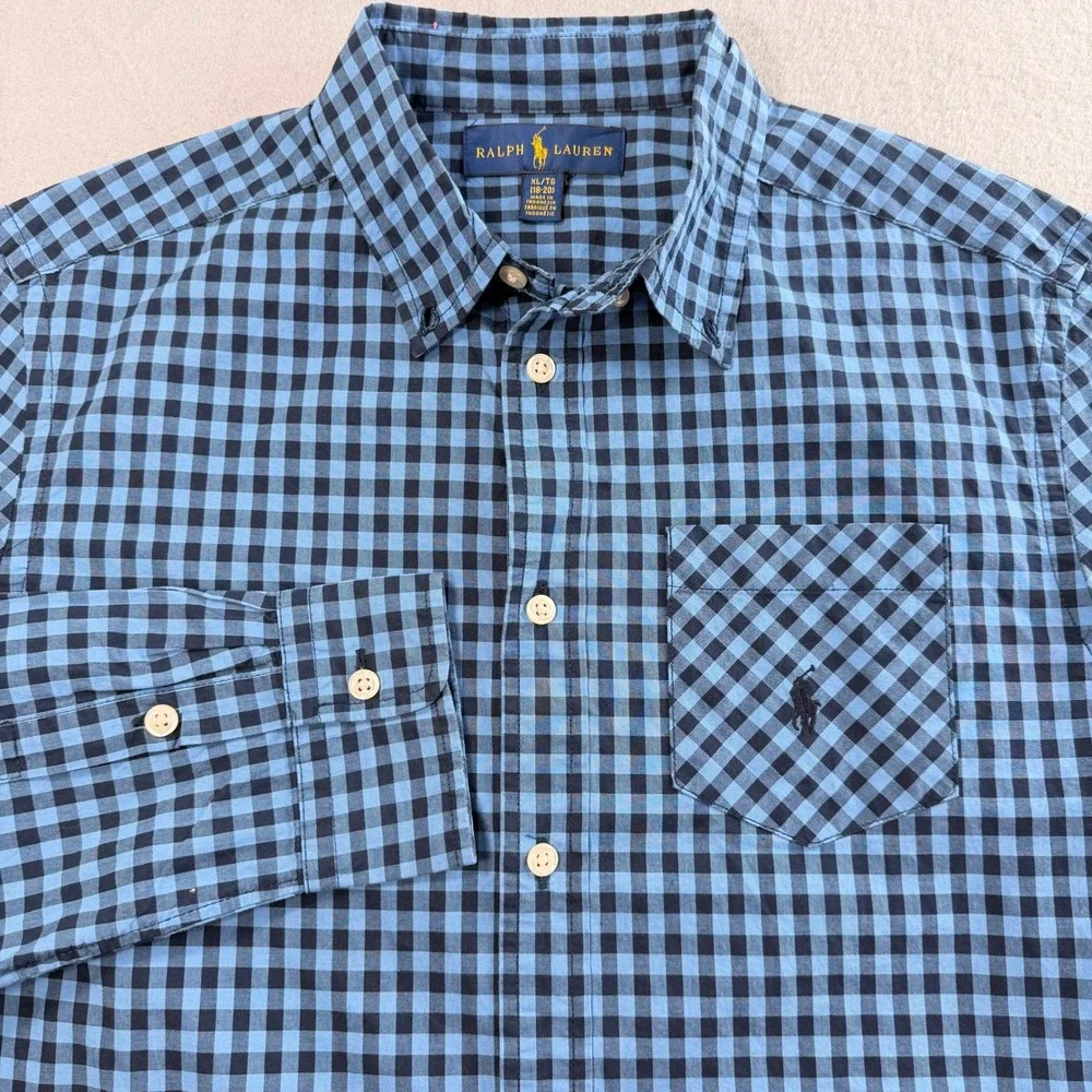 Ralph Lauren Blue Long Sleeve Button Down Shirt Boys XL 18-20 Gingham